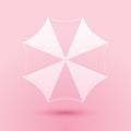 Paper cut Sun protective umbrella fo beach icon isolated on pink background. Large parasol for outdoor space. Summer vacation or Royalty Free Stock Photo