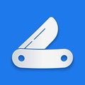 Paper cut Swiss army knife icon isolated on blue background. Multi-tool, multipurpose penknife. Multifunctional tool Royalty Free Stock Photo