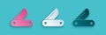 Paper cut Swiss army knife icon isolated on blue background. Multi-tool, multipurpose penknife. Multifunctional tool Royalty Free Stock Photo