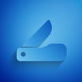 Paper cut Swiss army knife icon isolated on blue background. Multi-tool, multipurpose penknife. Multifunctional tool