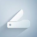 Paper cut Swiss army knife icon isolated on grey background. Multi-tool, multipurpose penknife. Multifunctional tool