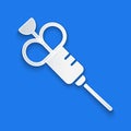 Paper cut Syringe icon isolated on blue background. Syringe for vaccine, vaccination, injection, flu shot. Medical Royalty Free Stock Photo