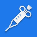 Paper cut Syringe icon isolated on blue background. Syringe for vaccine, vaccination, injection, flu shot. Medical Royalty Free Stock Photo