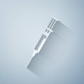 Paper cut Syringe icon isolated on grey background. Syringe sign for vaccine, vaccination, injection, flu shot. Medical