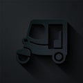 Paper cut Taxi tuk tuk icon isolated on black background. Indian auto rickshaw concept. Delhi auto. Paper art style Royalty Free Stock Photo