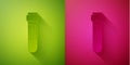 Paper cut Test tube or flask with blood icon isolated on green and pink background. Laboratory, chemical, scientific Royalty Free Stock Photo