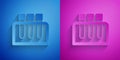 Paper cut Test tube and flask chemical laboratory test icon isolated on blue and purple background. Laboratory glassware