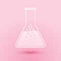 Paper cut Test tube and flask - chemical laboratory test icon isolated on pink background. Paper art style. Vector