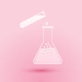 Paper cut Test tube and flask - chemical laboratory test icon isolated on pink background. Laboratory glassware sign