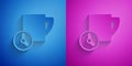 Paper cut Time management icon isolated on blue and purple background. Clock and coffee cup sign. Productivity symbol Royalty Free Stock Photo