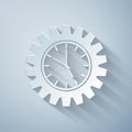 Paper cut Time Management icon isolated on grey background. Clock and gear sign. Productivity symbol. Paper art style Royalty Free Stock Photo