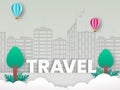 Paper Cut Travel Font With Hot Air Balloons, Trees, Clouds, Birds And Buildings On Gray Royalty Free Stock Photo