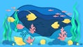 Paper cut underwater. Aquarium with fish and seaweeds, ocean bottom landscape with coral reef and algae. Vector