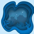 Paper cut underwater ocean cave with fishes, coral reef, seabed in algae, waves. Diving concept Royalty Free Stock Photo