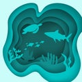 Paper cut underwater ocean cave with fishes and turtle, coral reef, seabed in algae. Diving concept Royalty Free Stock Photo