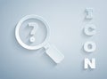 Paper cut Unknown search icon isolated on grey background. Magnifying glass and question mark. Paper art style. Vector