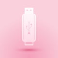 Paper cut USB flash drive icon isolated on pink background. Paper art style. Vector Royalty Free Stock Photo
