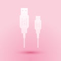 Paper cut USB Micro cables icon isolated on pink background. Connectors and sockets for PC and mobile devices