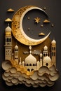 Paper cut vector illustration with mosque and moon, clouds, golden and dark gray color, Ramadan, Generative AI