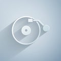 Paper cut Vinyl player with a vinyl disk icon isolated on grey background. Paper art style. Vector Royalty Free Stock Photo