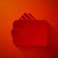 Paper cut Wallet with stacks paper money cash icon isolated on red background. Purse icon. Cash savings symbol. Paper