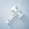 Paper cut War axe icon isolated on grey background. Battle axe, executioner axe. Medieval weapon. Paper art style. Vector
