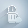 Paper cut Waste of time icon isolated on grey background. Trash can. Garbage bin sign. Recycle basket icon. Office trash Royalty Free Stock Photo