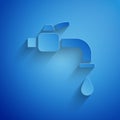 Paper cut Water tap icon isolated on blue background. Paper art style. Vector. Illustration Royalty Free Stock Photo