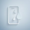 Paper cut Waterproof mobile phone icon isolated on grey background. Smartphone with drop of water. Paper art style Royalty Free Stock Photo