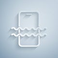 Paper cut Waterproof mobile phone icon isolated on grey background. Smartphone with drop of water. Paper art style Royalty Free Stock Photo