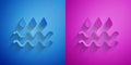 Paper cut Wave with water drop icon isolated on blue and purple background. Paper art style. Vector Royalty Free Stock Photo