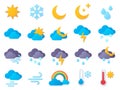 Paper cut weather icons. Symbols of rain, rainbow, sun, hot and cold temperature, winter snow and cloud. Meteo forecast