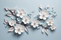 Paper cut white and blue spring flowers on light teal background