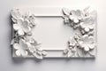 Paper cut white flowers, gypsum plaster modelling blooming frame border template on light grey background