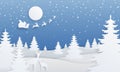 Paper cut winter landscape. Cartoon paper scene with spruce trees, starry night, deer and Santa Claus. Vector Christmas