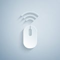 Paper cut Wireless computer mouse system icon isolated on grey background. Internet of things concept with wireless Royalty Free Stock Photo