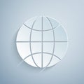 Paper cut Worldwide icon isolated on grey background. Pin on globe. Paper art style. Vector Illustration