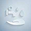 Paper cut Wudhu icon isolated on grey background. Muslim man doing ablution. Paper art style. Vector