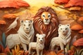 a paper cutout of a family of lions in the forest