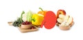 Paper cutout of kidney and different healthy products on white background