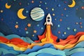 A paper cutout rocket ascending into space layers of colored paper creating a vibrant textured night sky with stars
