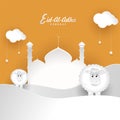 Paper cutout style mosque on desert landscape with sheep and cloud decorated with hanging stars for Muslim festival Eid Al Adha c