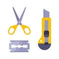 Paper cutting kit. stationery knife, blade and scissors. children needlework. Royalty Free Stock Photo