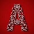 Paper cutting, white letter A . Red background. Floral ornament, balinese traditional style.