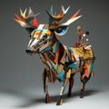 Colorful Paper Sculpture Of A Horned Deer Inspired By Basquiat, Picasso, And Miro