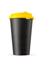 Paper disposable cup with yellow plastic lid for coffee, tea, hot drinks to go. Take away beverages container isolated on white Royalty Free Stock Photo