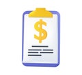 Paper document, clipboard with money sign. Tax form, invoice, contract. 3d vector icon. Cartoon minimal style. Payment Royalty Free Stock Photo