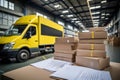Paper document lies on boxes unloaded from a cargo yellow minibus in front of a warehouse Royalty Free Stock Photo