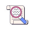 Paper document and magnifying glass, lens, loupe. Retro-styled 90s icon design. Scrutiny, business analysis, audit