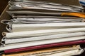 Paper documents stacked in archive. Old folders with documents in the box. office files background texture, closeup Royalty Free Stock Photo